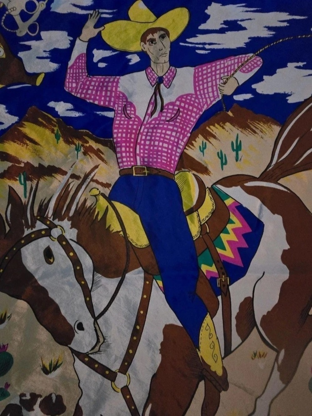 Vintage Bob Mackie Wearable Art Bronco Billy Western Silk Scarf Pink & Blue - Picture 4 of 9